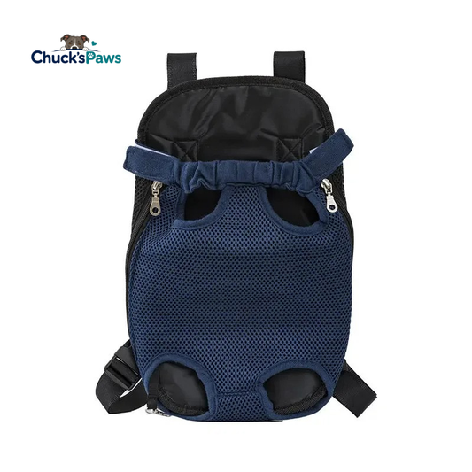 Blue pet carrier backpack with visible brand logo on a white background