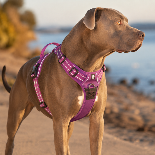 Dog wearing a purple harness standing on a beach with water and sand in the background