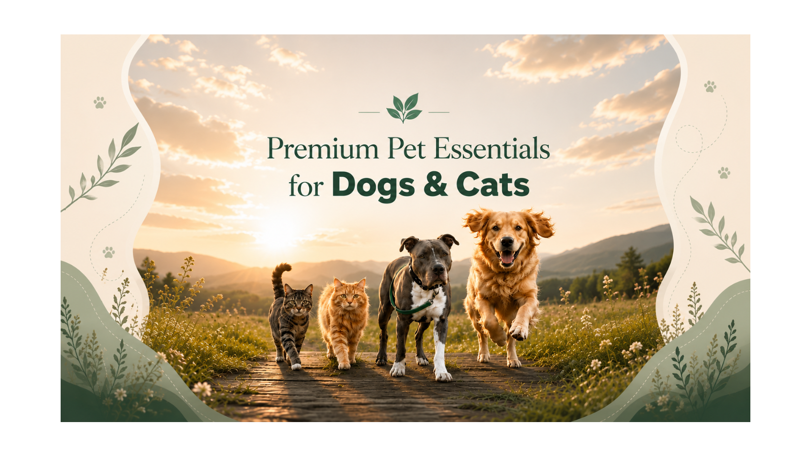 Four dogs and cats walking together on a path with a scenic background, promoting premium pet essentials.