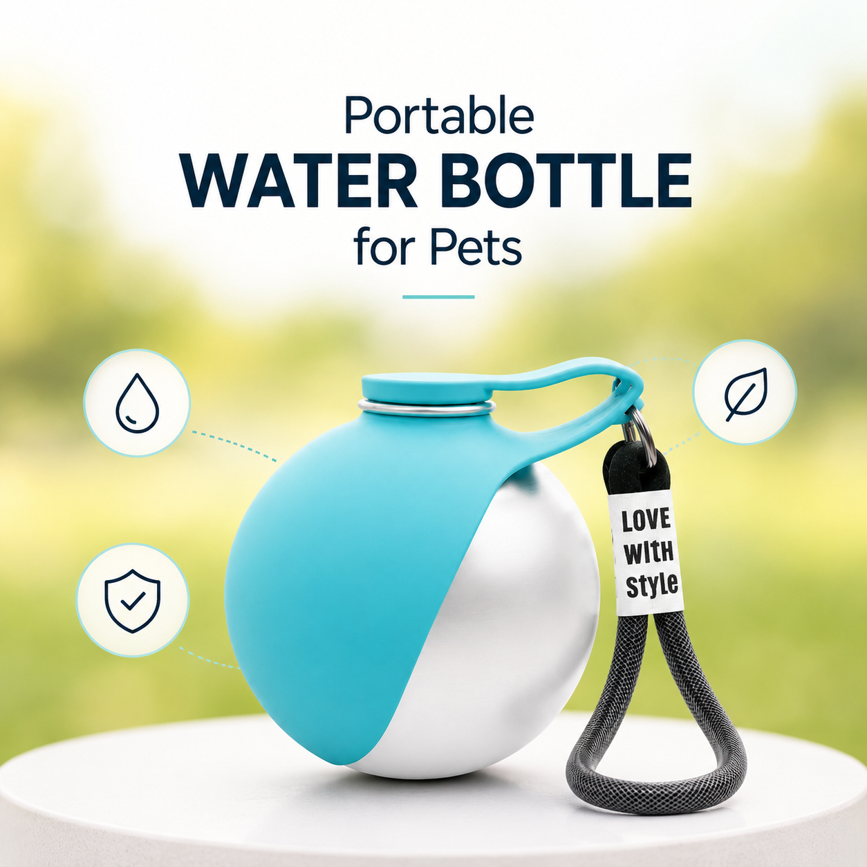 Portable water bottle for pets with a keychain on a blurred natural background