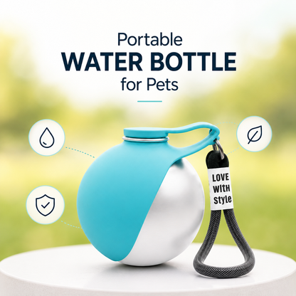 Portable water bottle for pets with a keychain on a blurred natural background
