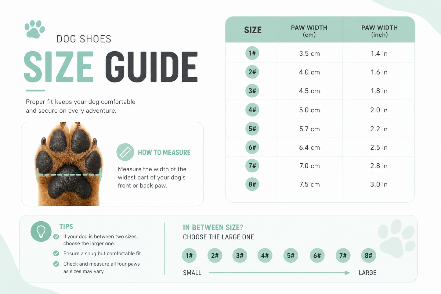 Dog shoes size guide with paw measurement chart
