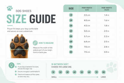 Dog shoes size guide with paw measurement chart