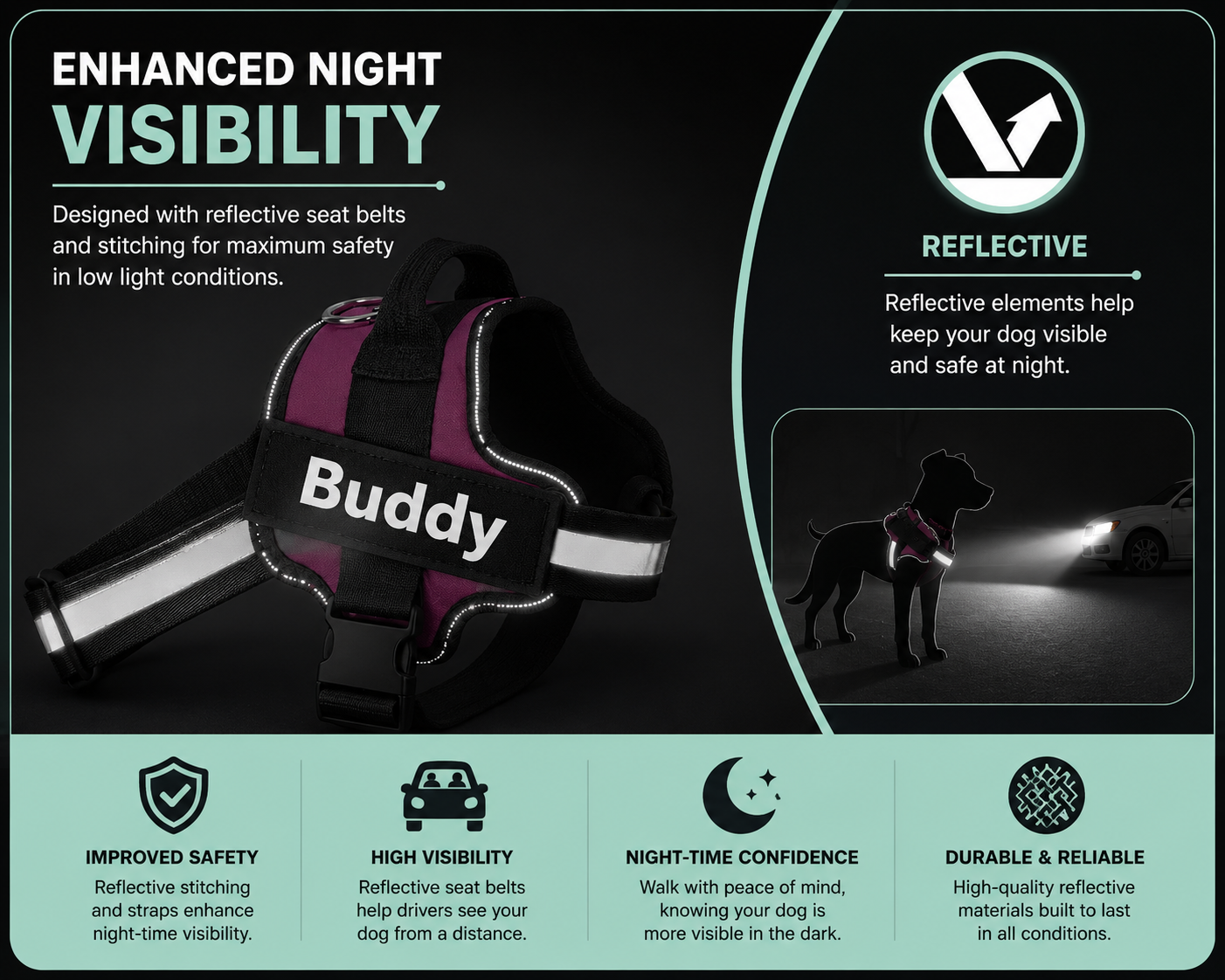 Personalised No-Pull Dog Harness with Reflective Safety Chest Strap and ID Patch