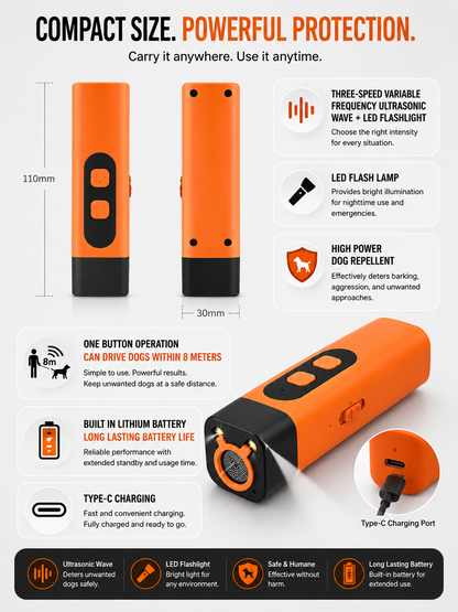 Ultrasonic Dog Repellent & Bark Interrupter — Handheld Walk Safety & Training Tool with LED Torch