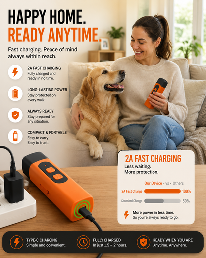 Woman with a dog sitting on a couch, holding a device with text about fast charging and convenience.