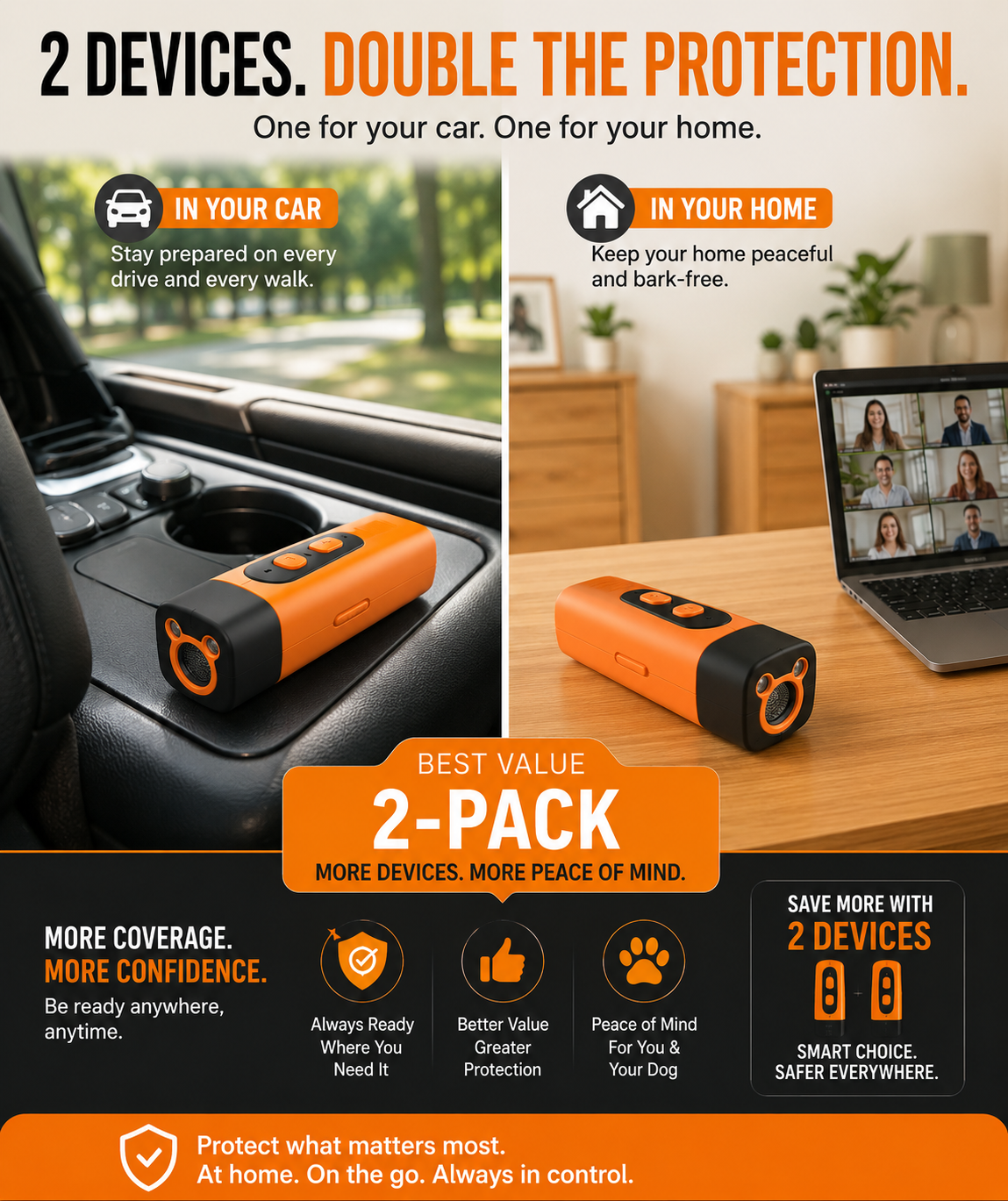 Two devices for car and home security with text highlighting their benefits.