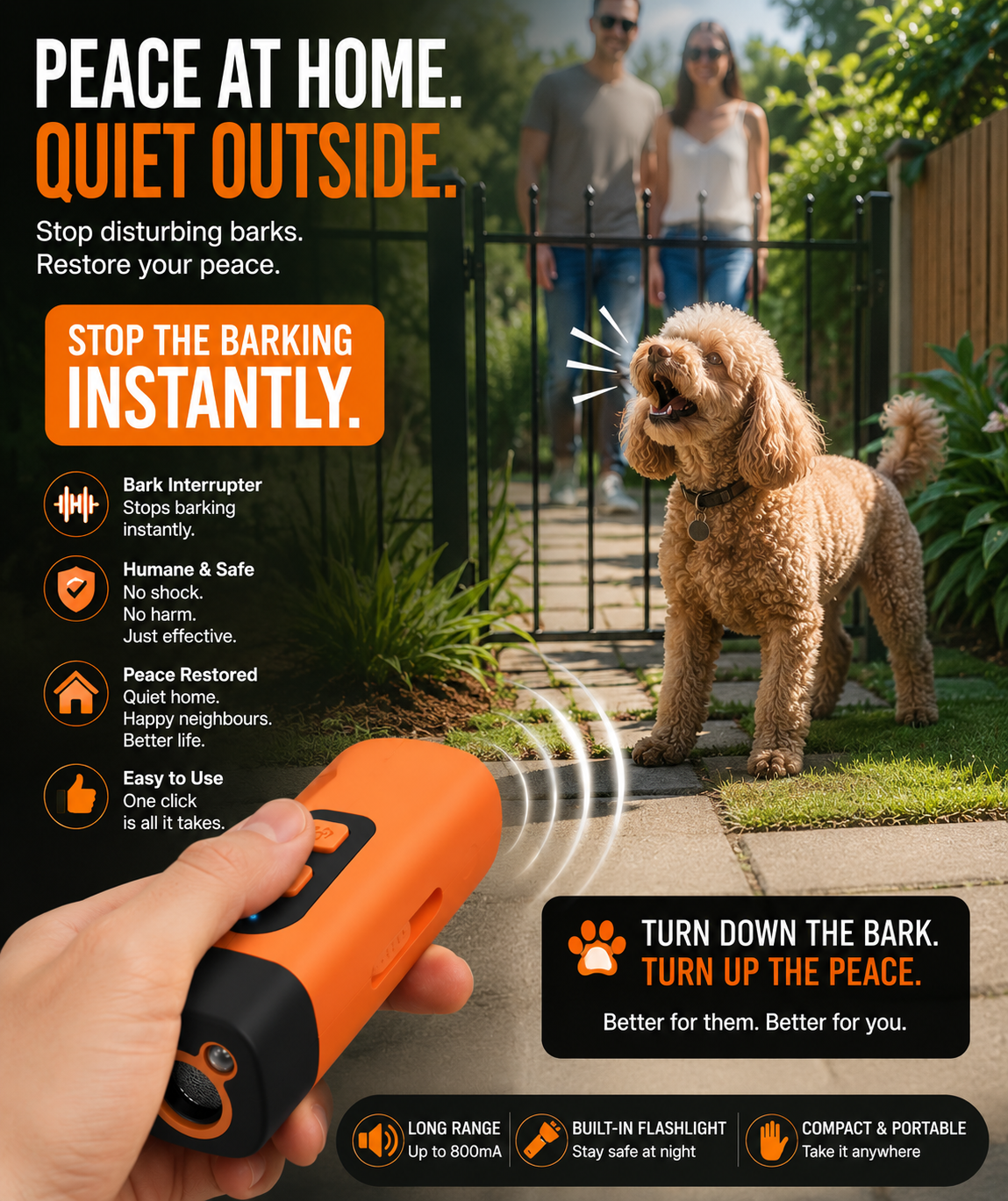 Dog barking interrupter with a dog and people in the background, promoting peace at home and quiet outside.