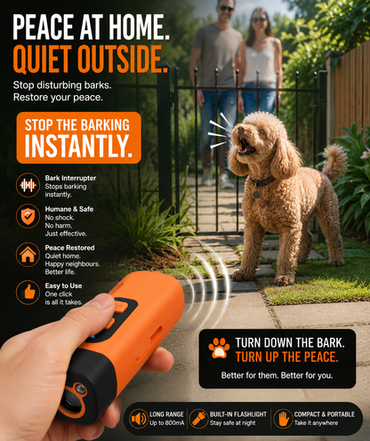 Dog barking interrupter with a dog and people in the background, promoting peace at home and quiet outside.