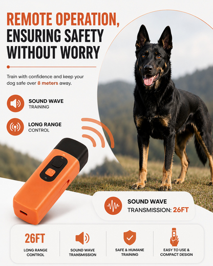 Dog training device with remote operation features and a dog in the background