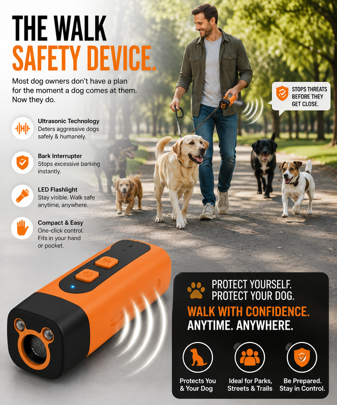Dog walking device with features highlighted on a park background