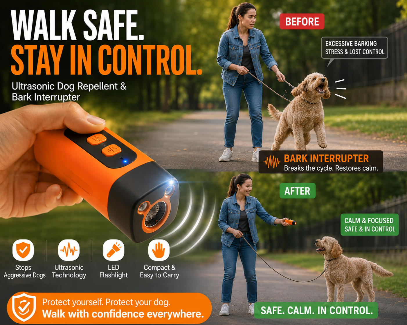 Ultrasonic Dog Repellent & Bark Interrupter — Handheld Walk Safety & Training Tool with LED Torch