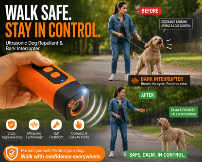 Ultrasonic Dog Repellent & Bark Interrupter — Handheld Walk Safety & Training Tool with LED Torch