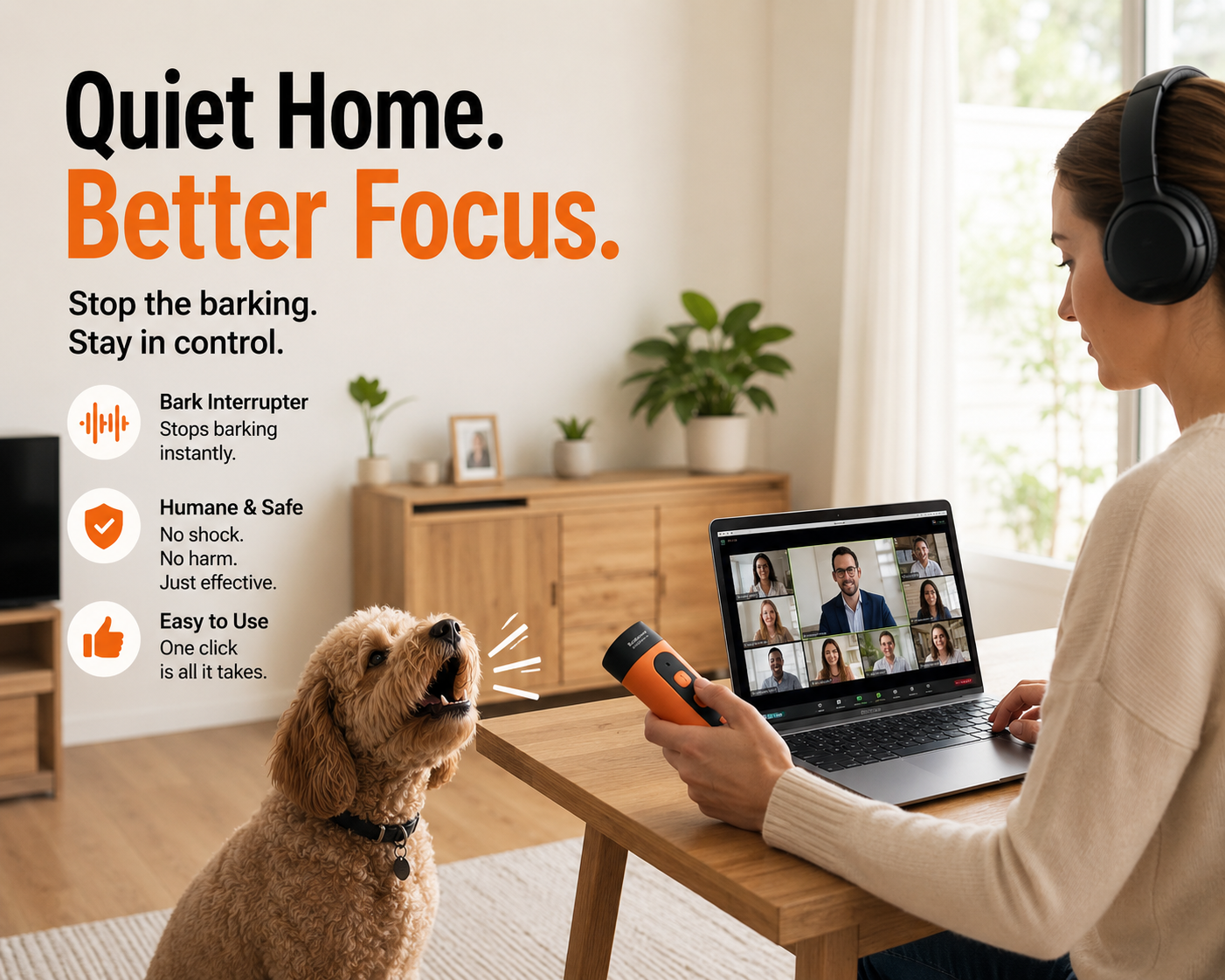Woman using a bark interrupter on a dog while working on a laptop with multiple people on a video call.