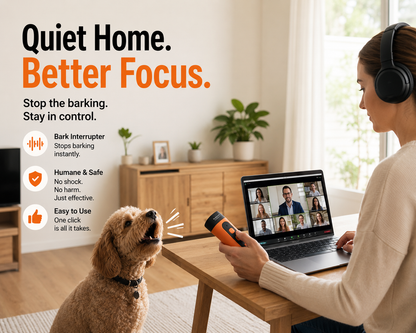 Woman using a bark interrupter on a dog while working on a laptop with multiple people on a video call.