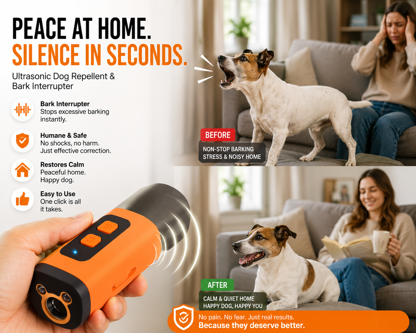 Ultrasonic dog repeller with before and after scenarios showing a calmer home environment.