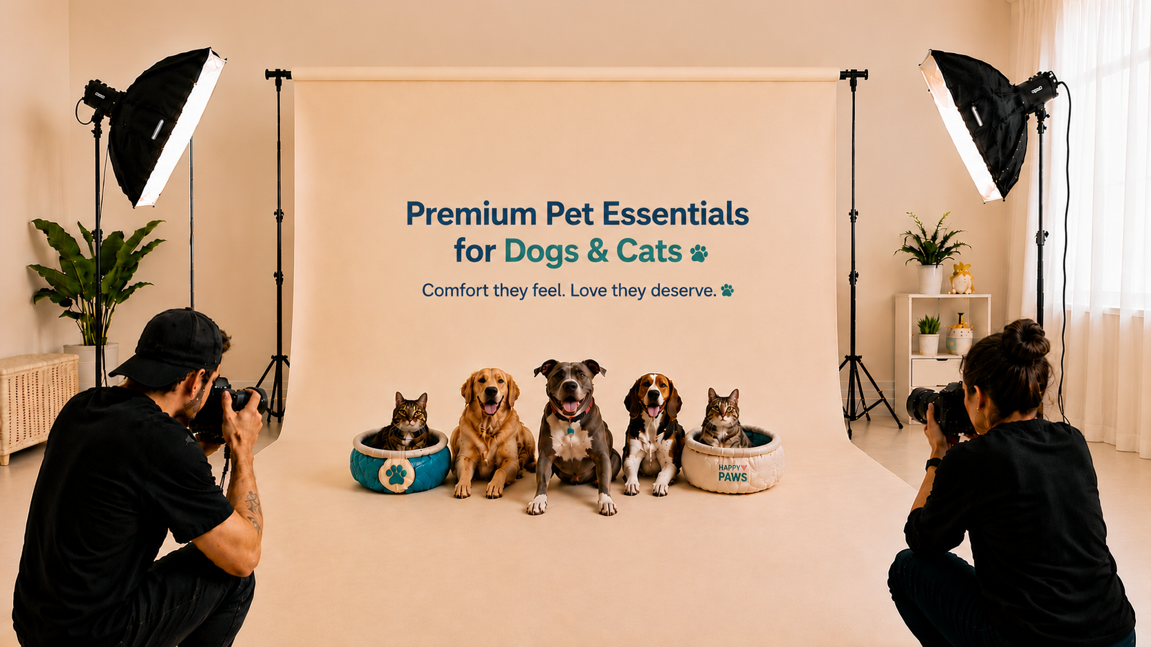 Two photographers taking pictures of dogs and cats with pet products on a white backdrop.